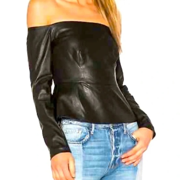 BCBGMaxAzria Black Faux Leather Judy Off The Shoulder Top - Picture 1 of 10